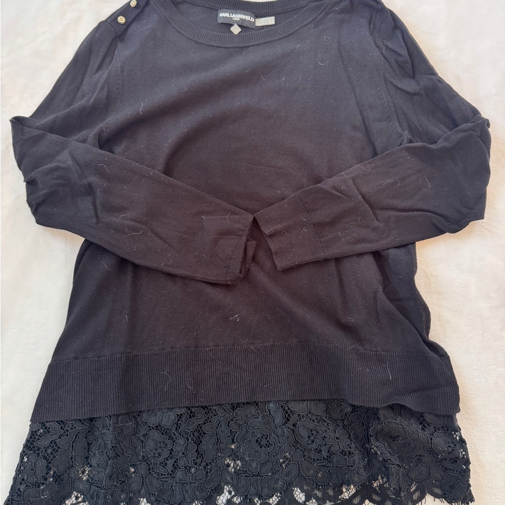 KARL LAGERFELD Black Lace-Hem Long Sleeve Top Size Large
